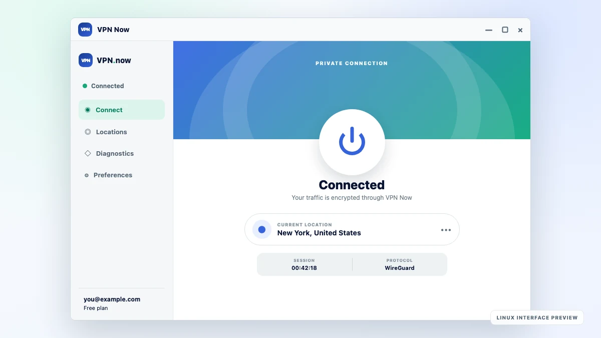 VPN Now Linux app interface showing a connected VPN session, current location, session time, and WireGuard protocol
