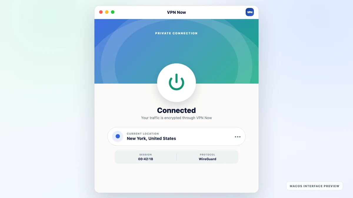 VPN Now macOS app interface showing a connected VPN session, current location, session time, and WireGuard protocol