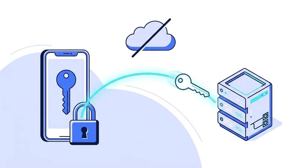 Diagram: your phone creates a key pair. The private key stays locked on your device, only the public key travels to the vpn.now server, and the private key is never uploaded.