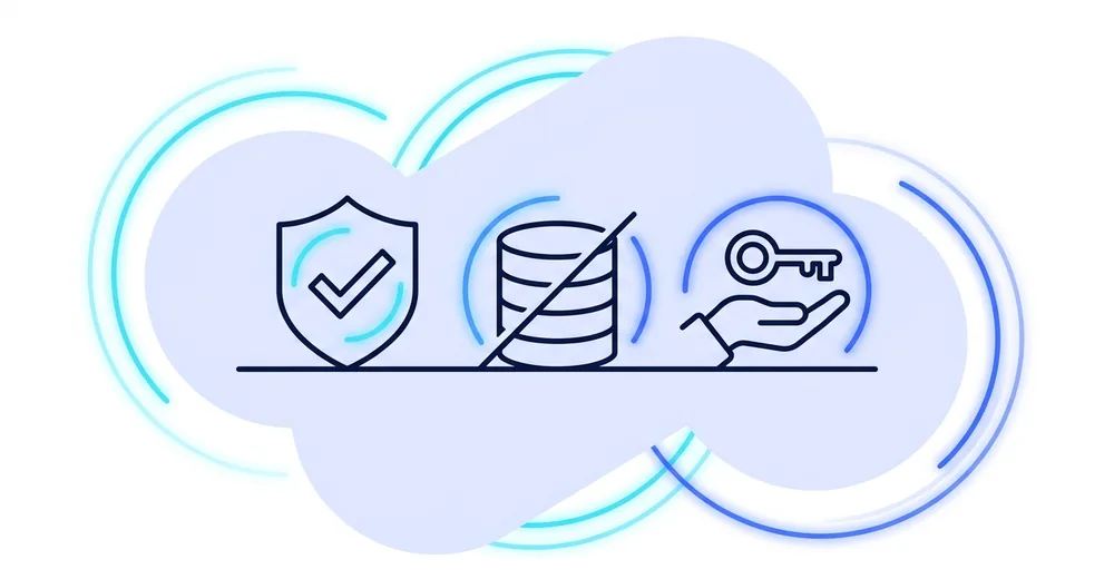 Our principles as simple emblems: a shield with a check for honest claims, a mostly crossed-out database for collecting less data, and a hand holding a key for staying in control.