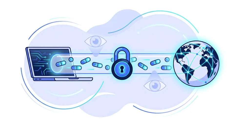 A laptop connected to the open internet through a sealed, padlocked tunnel while observers outside cannot see in.