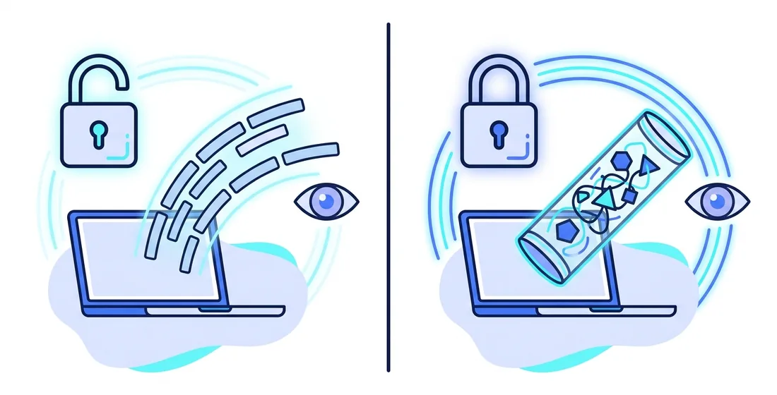 Side by side: without a VPN your data flows out in the open where it can be seen; with a VPN it is sealed inside an encrypted tunnel.