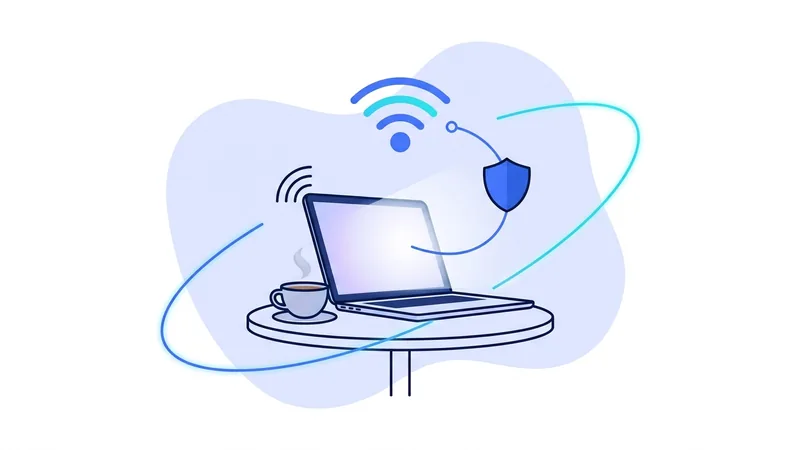 Laptop on cafe Wi-Fi protected by an encrypted VPN connection
