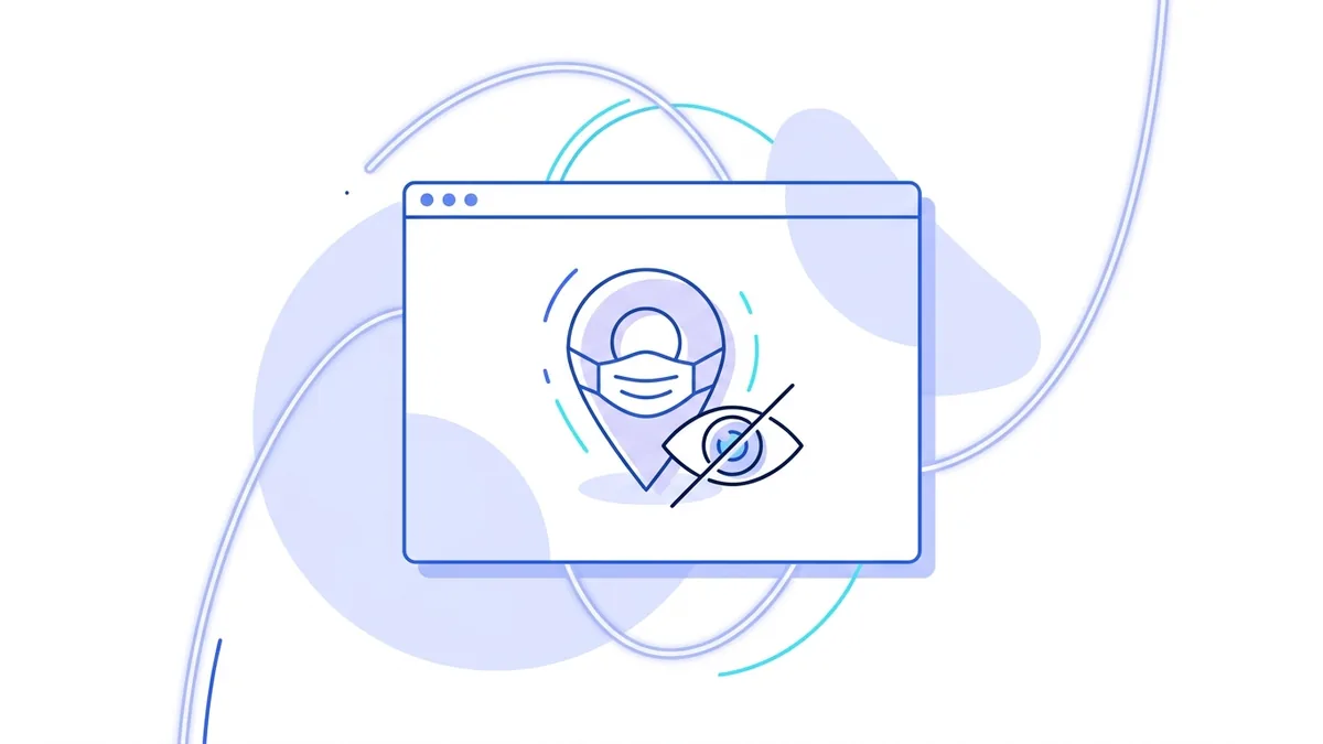Illustration of a browser with a masked IP address and a crossed out tracking eye